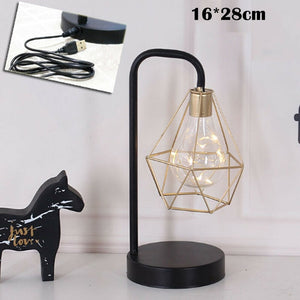 Retro Black Geometric Wire Industrial LED Light Bulb Bed Side Battery Table Lamp