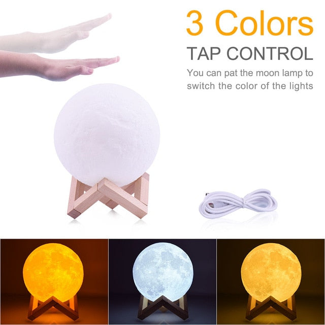 moon lamp 3D print night light Rechargeable  3 Color Tap Control lamp lights 16 Colors Change Remote